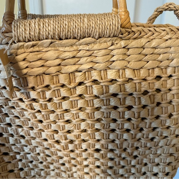 New Jewel & Clara Camel bamboo handle long straps woven straw bag lined - Picture 9 of 10